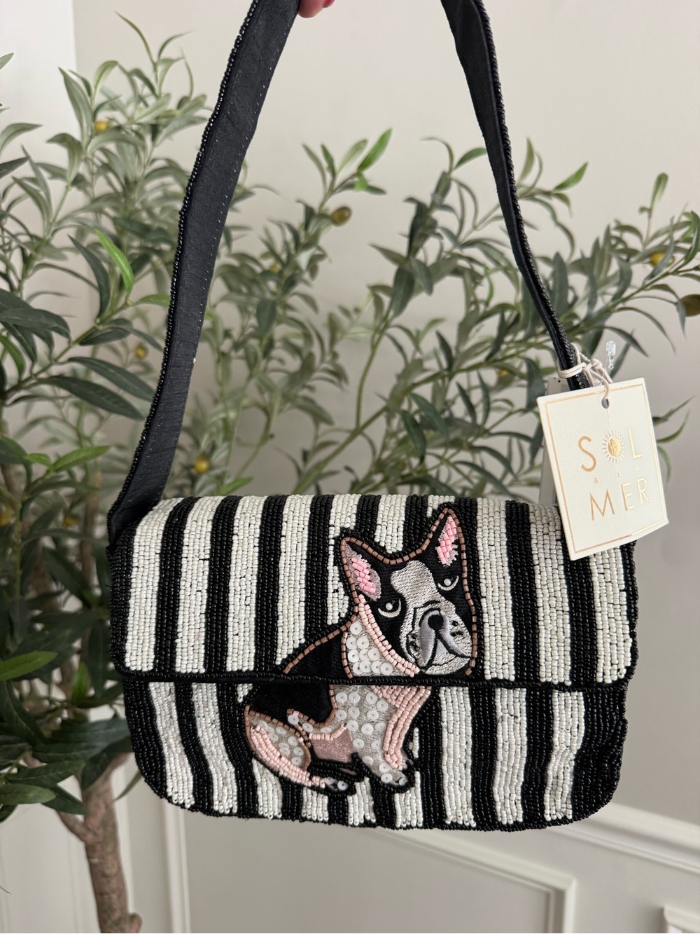 Sol and Mer Black and White Beaded Shoulder Bag with Beaded French Bulldog